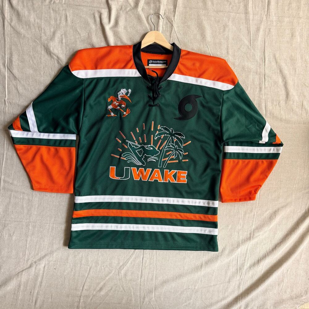 Miami Hurricanes UWake Custom Lace Up Hockey Jersey Men's M Green Orange #15